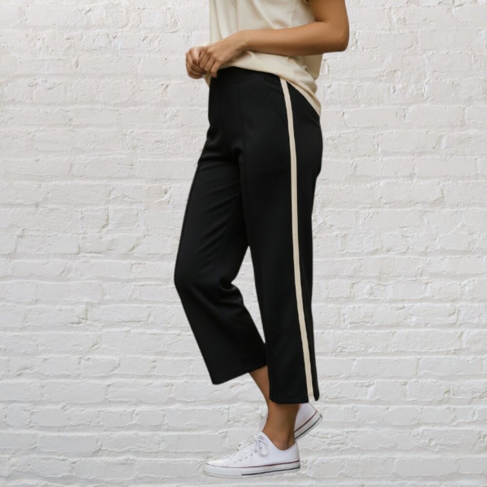 ATHLETIC WORKS -- Long Capri Yoga, Black w/White Stripe, Pilates, Gym Pants